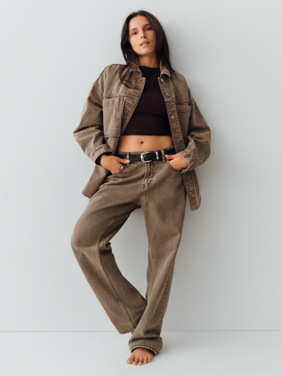 Mid Rise Straight Taper Jeans - Brown acid wash