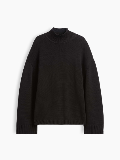 100% Cotton Oversized Mockneck Sweater - Black