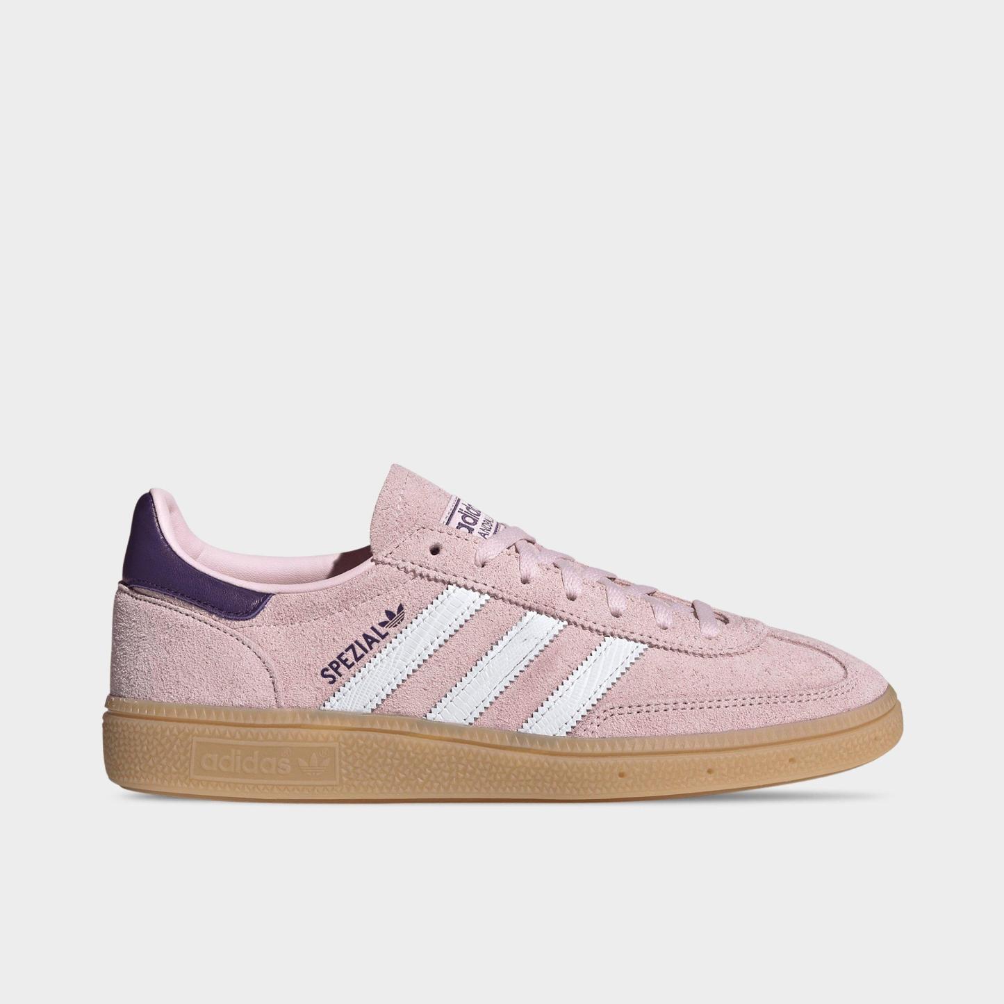 Women's adidas Originals Handball Spezial Casual Shoes - Part 1 - Clear Pink/Cloud White/Violet - Left shoe facing left. Outside of the shoe.