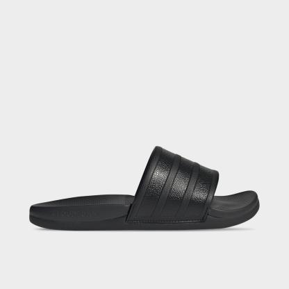Women's adidas Adilette Comfort 2.0 Slide Sandals - Core Black/Core Black/Carbon - Left shoe facing left. Outside of the shoe.