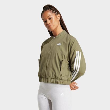Women's adidas Sportswear Essentials 3-Stripes Lifestyle Woven Full-Zip Bomber Jacket - Olive Strata/White