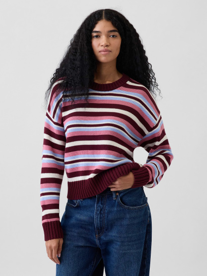 100% Cotton Oversized Crop Sweater - Purple burgundy & blue multi stripe