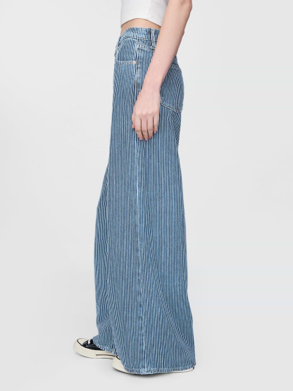 Mid Rise Denim Stripe Baggy Jeans - Blue indigo stripe