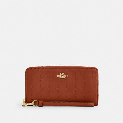 Long Zip Around Wallet With Quilting - Gold/Cinnamon