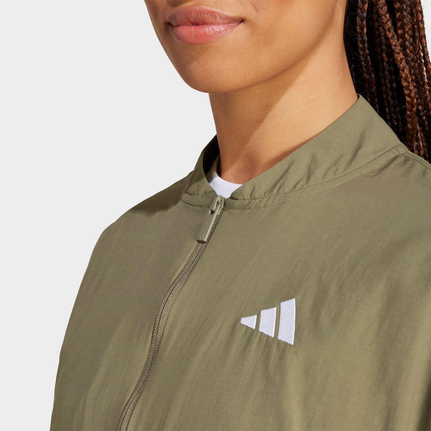 Women's adidas Sportswear Essentials 3-Stripes Lifestyle Woven Full-Zip Bomber Jacket - Olive Strata/White