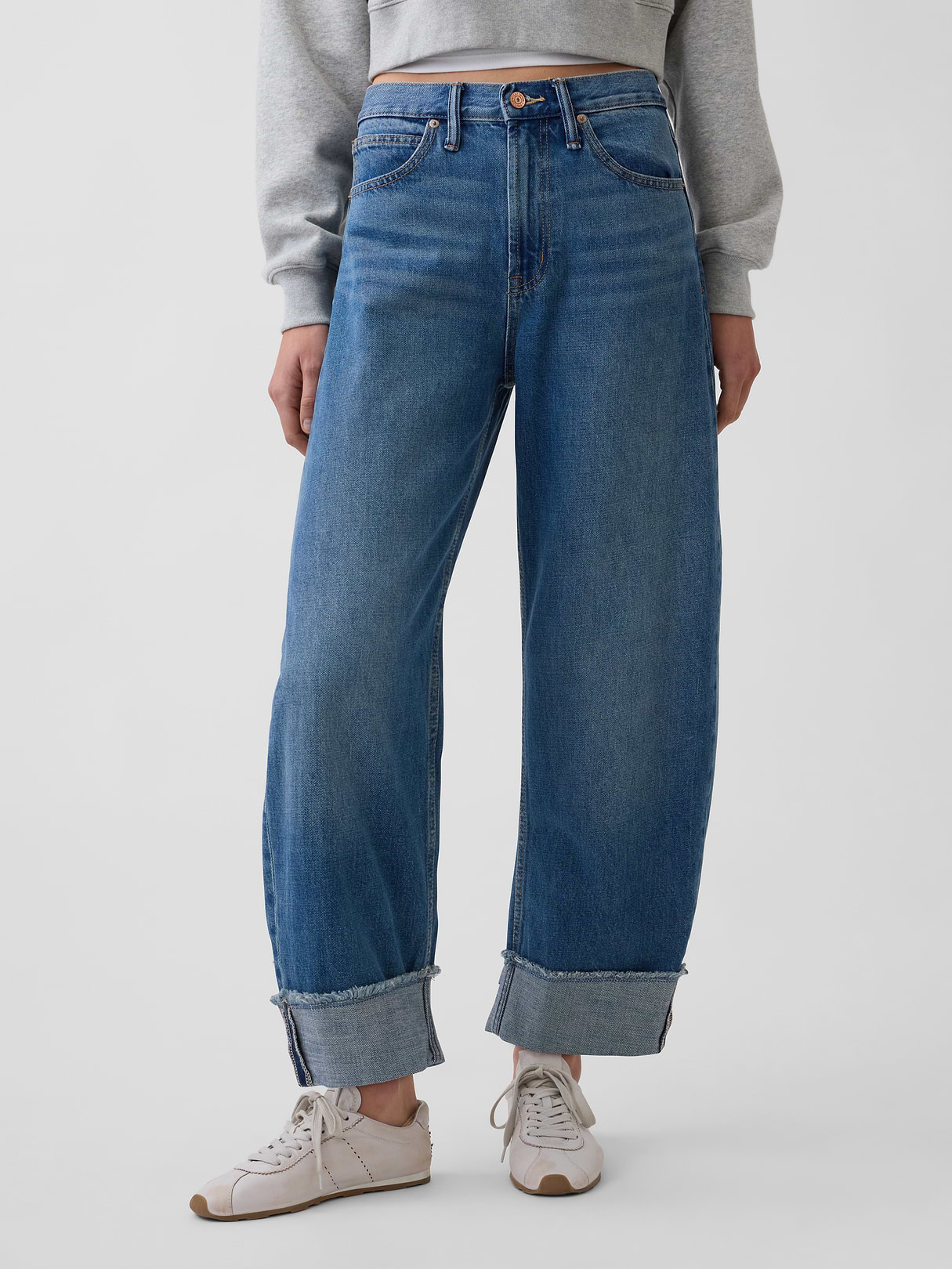High Rise Barrel Jeans - Cuffed medium wash
