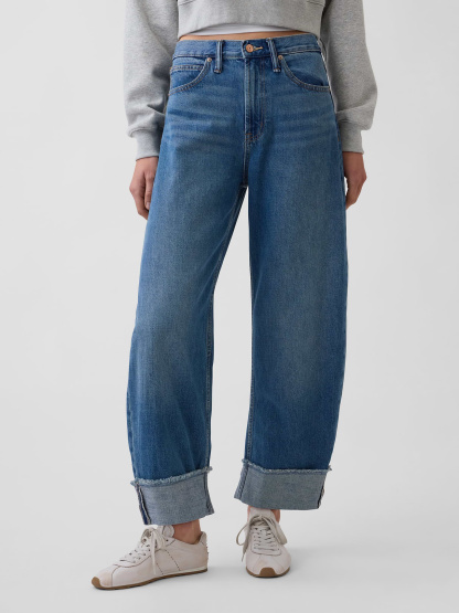 High Rise Barrel Jeans - Cuffed medium wash