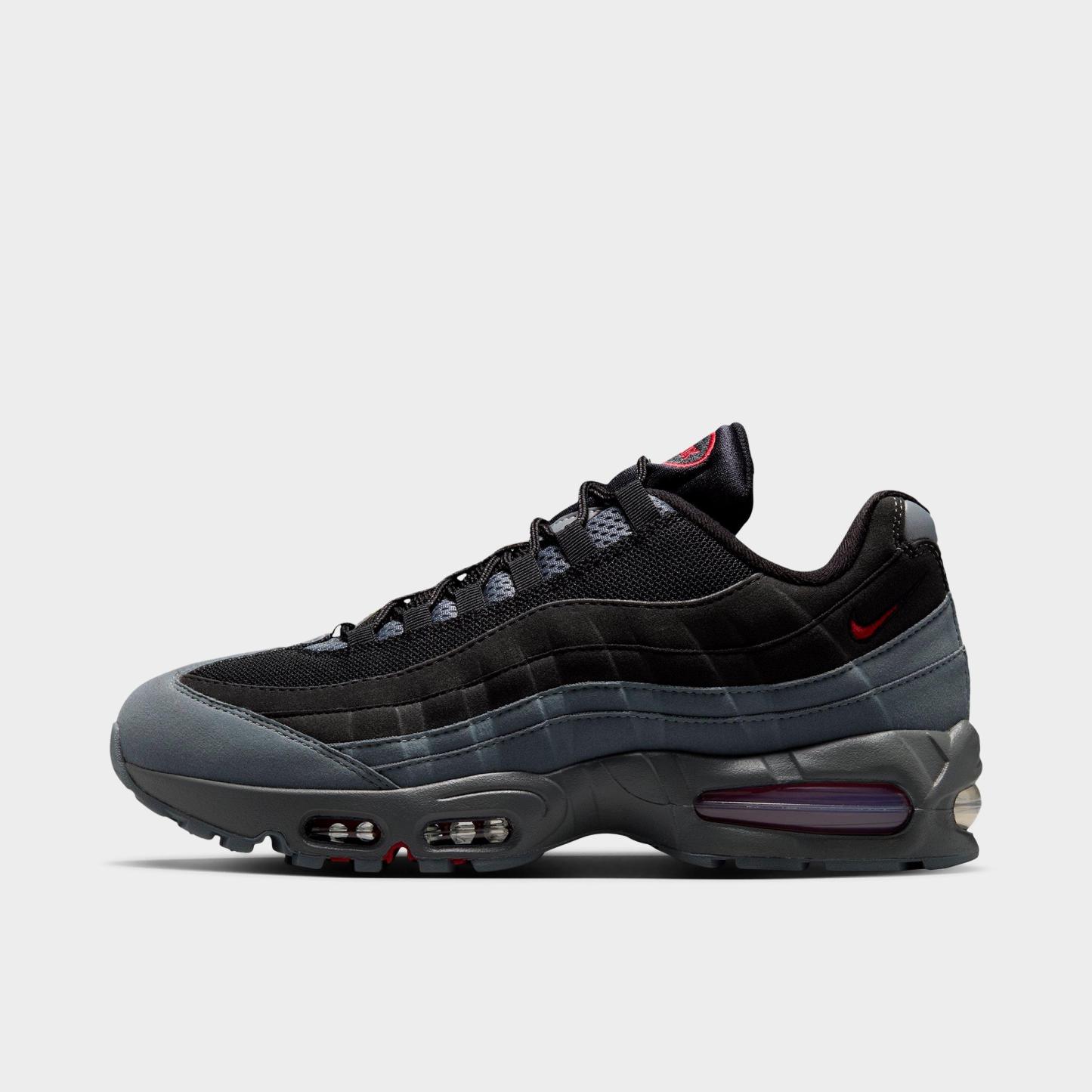 Men's Nithtke Air Max 95 Big Bubble Scorpion Casual Shoes - Part 1 - Black/Smoke Grey/Dark Smoke Grey/Tough Red - Left shoe facing left. Outside of the shoe.