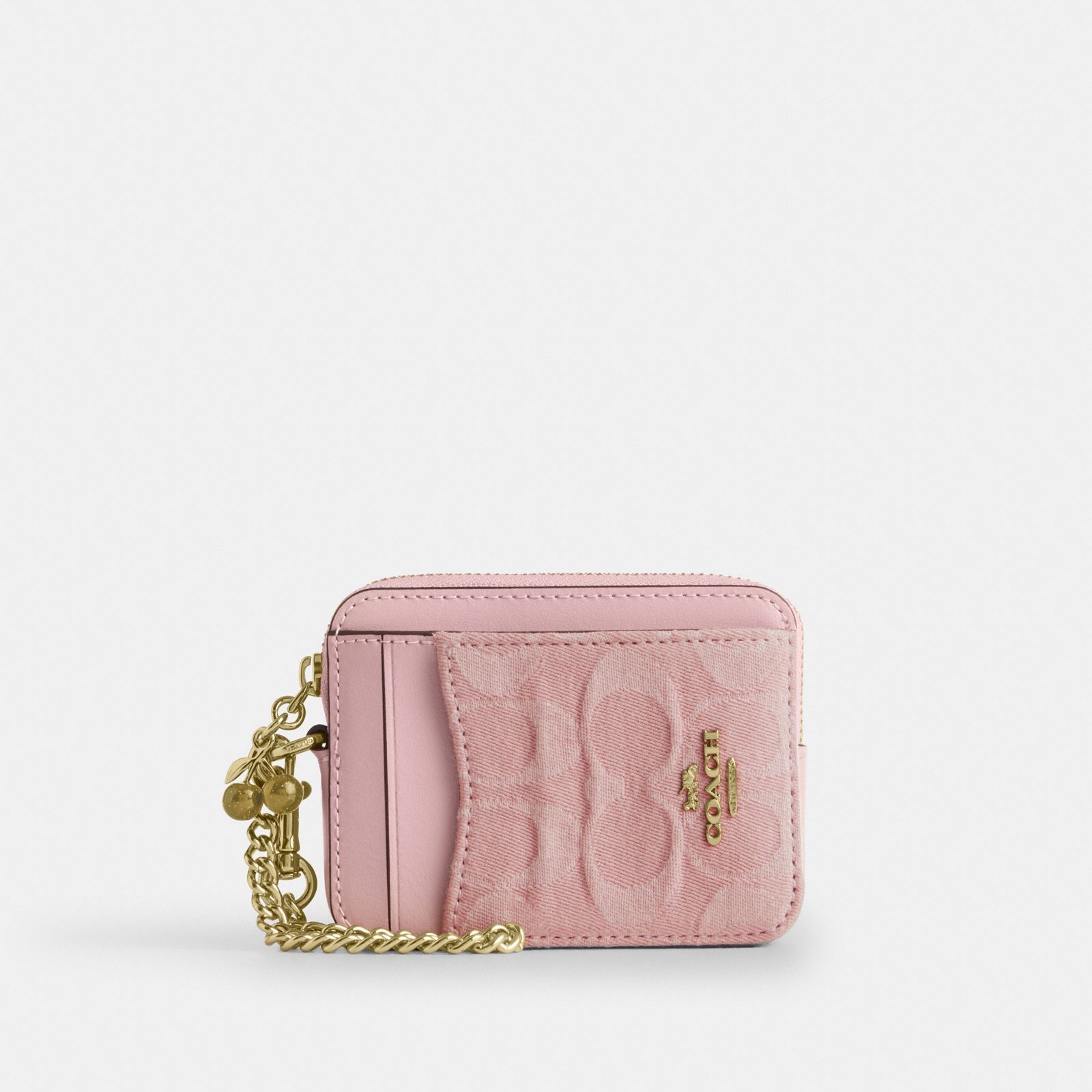 Zip Card Case In Signature Denim With Charm - Gold/Light Pink