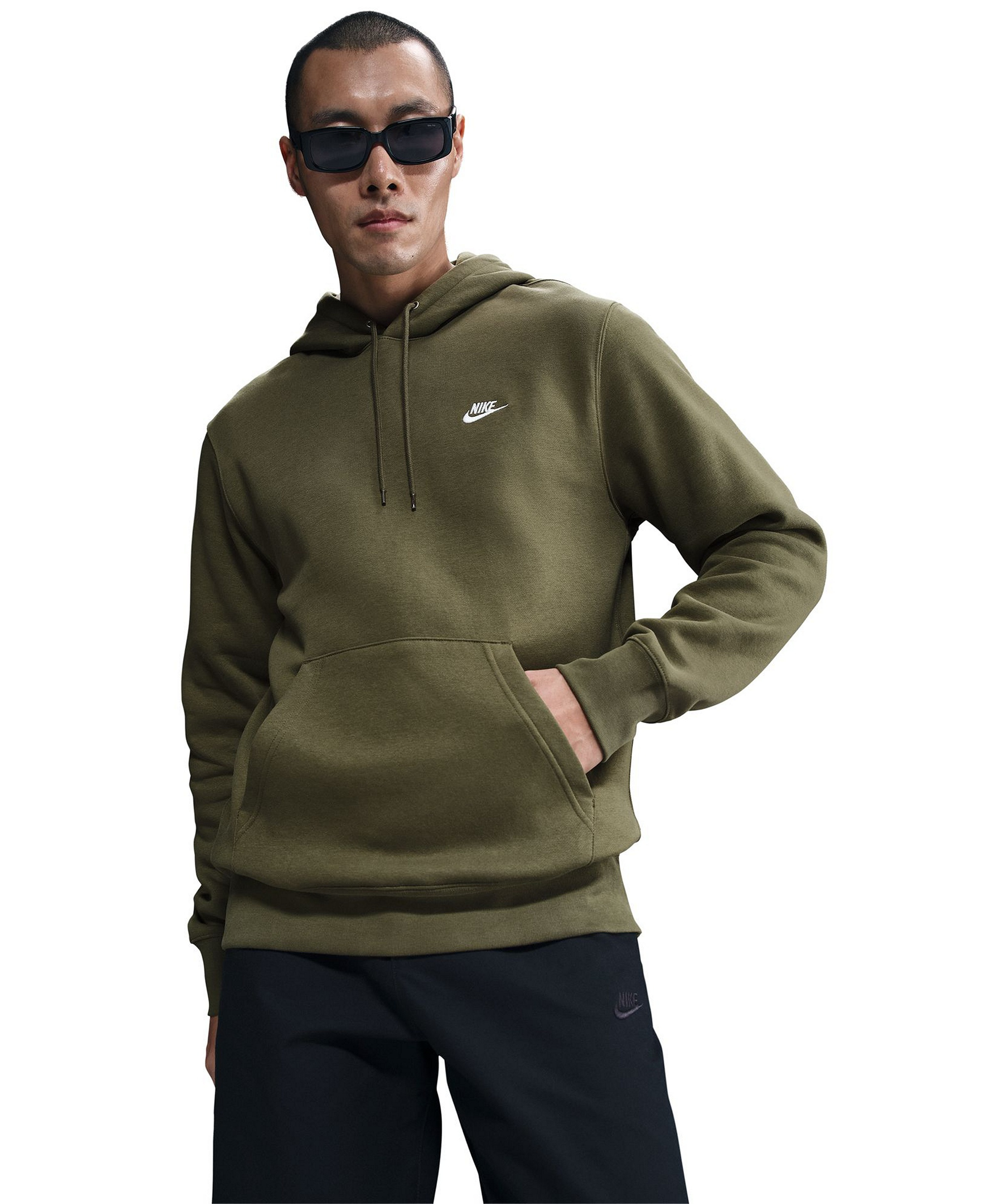 Nike Men's Club Pullover Fleece Hoodie Logo - Medium Olive/White