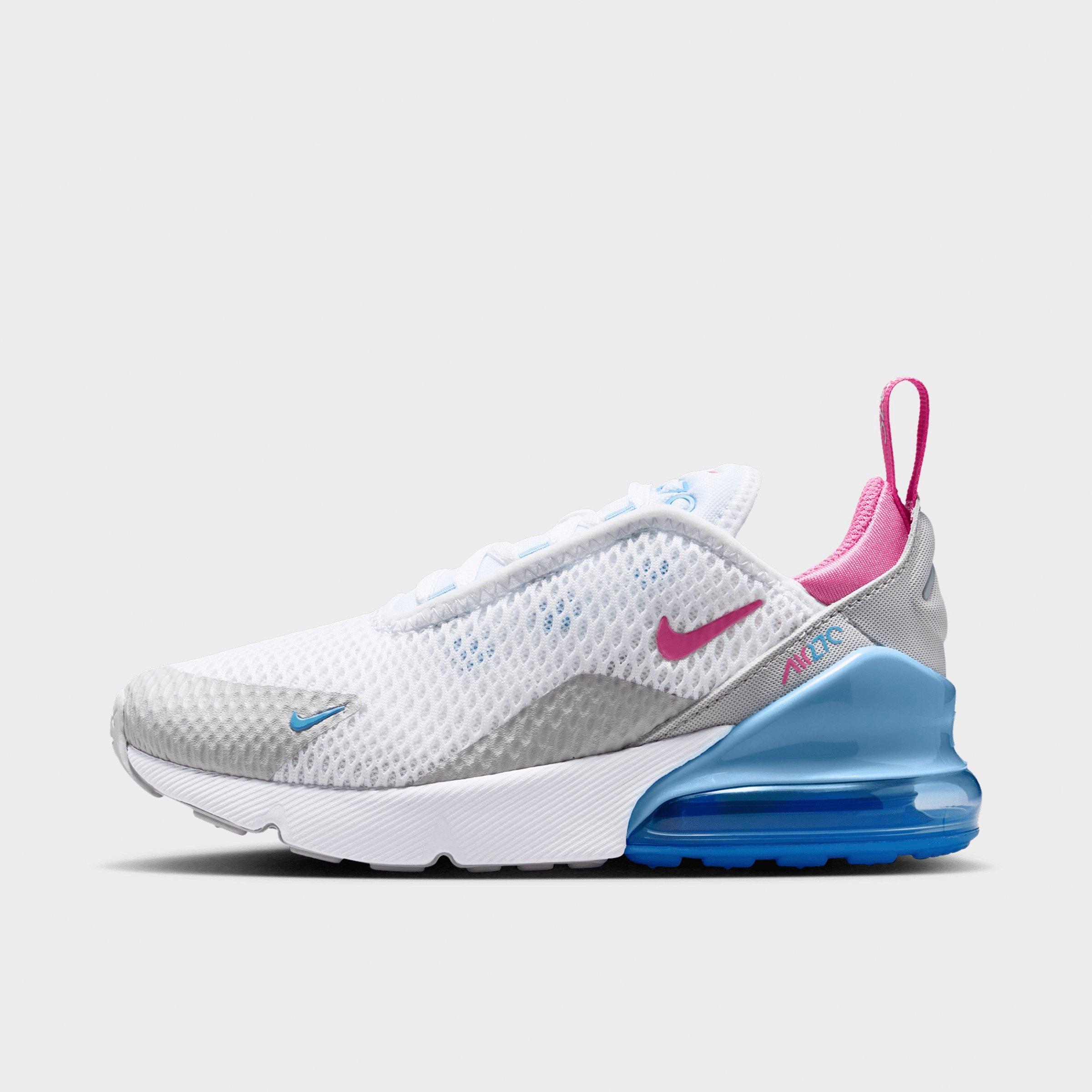 Little Kids' Nithtke Air Max 270 Casual Shoes - White/Football Blue/Arctic Green/Pinksicle - Left shoe facing left. Outside of the shoe.