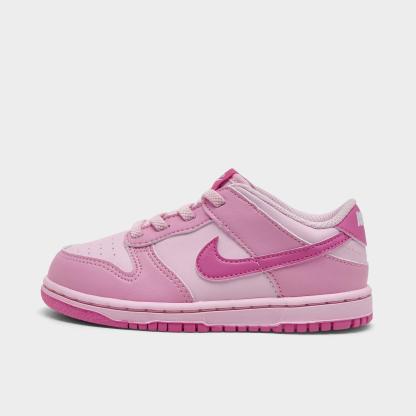 Girls' Toddler Nithtke Dunk Low Stretch Lace Casual Shoes - Pink Rise/Pink Foam/White/Playful Pink - Left shoe facing left. Outside of the shoe.
