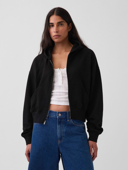VintageSoft Terry Oversized Wedge Zip Hoodie - Black