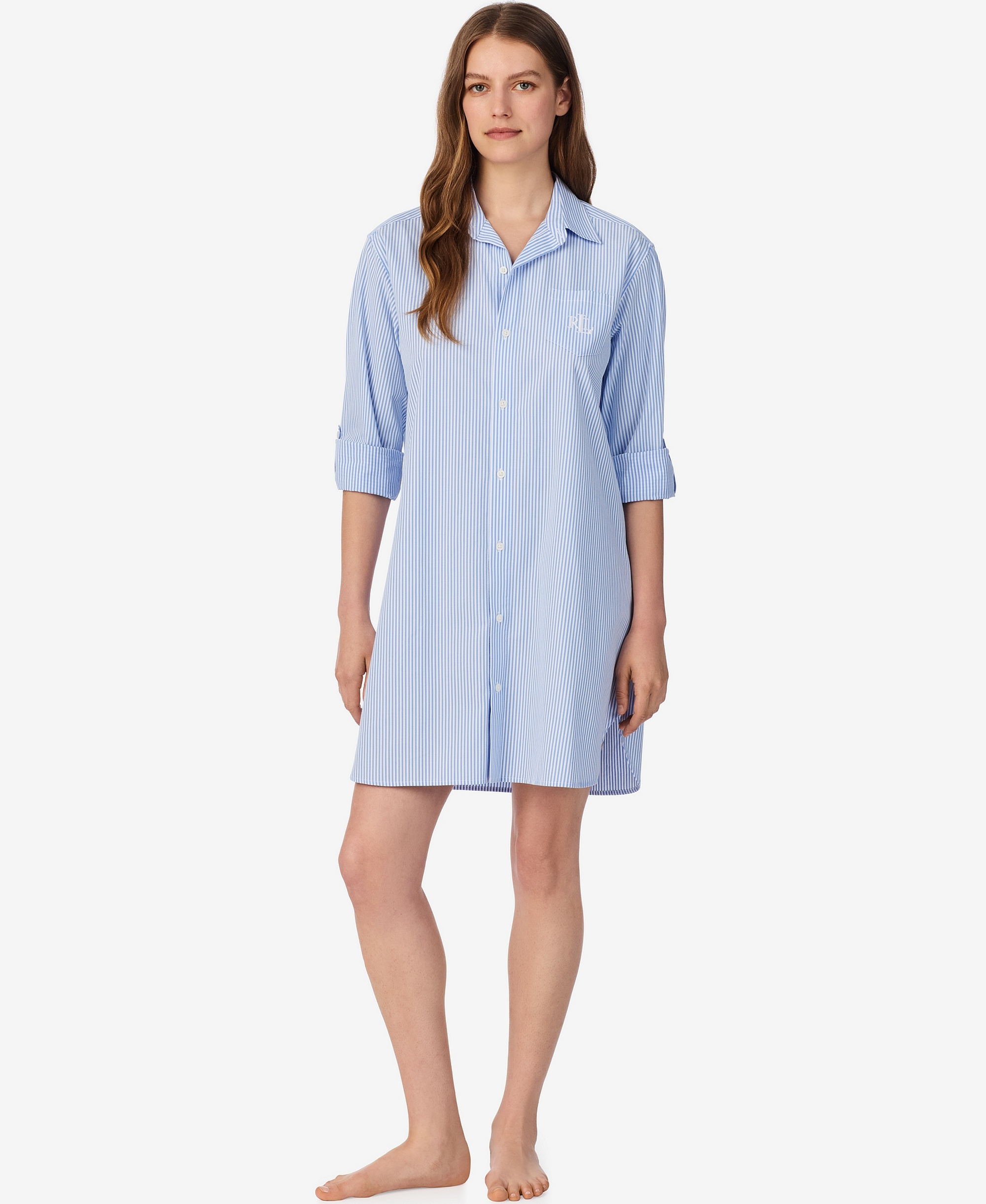 Lauren Ralph Lauren Women's Long-Sleeve Roll-Tab His Shirt Sleepshirt - Blue Stripe