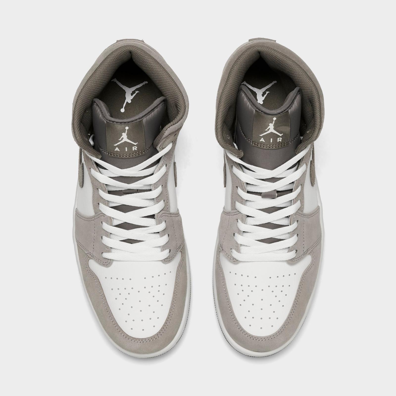 Men's Air Jordan Retro 1 Mid Casual Shoes - Enigma Stone/Summit White/Olive Grey - Left shoe facing left. Outside of the shoe. - view 5