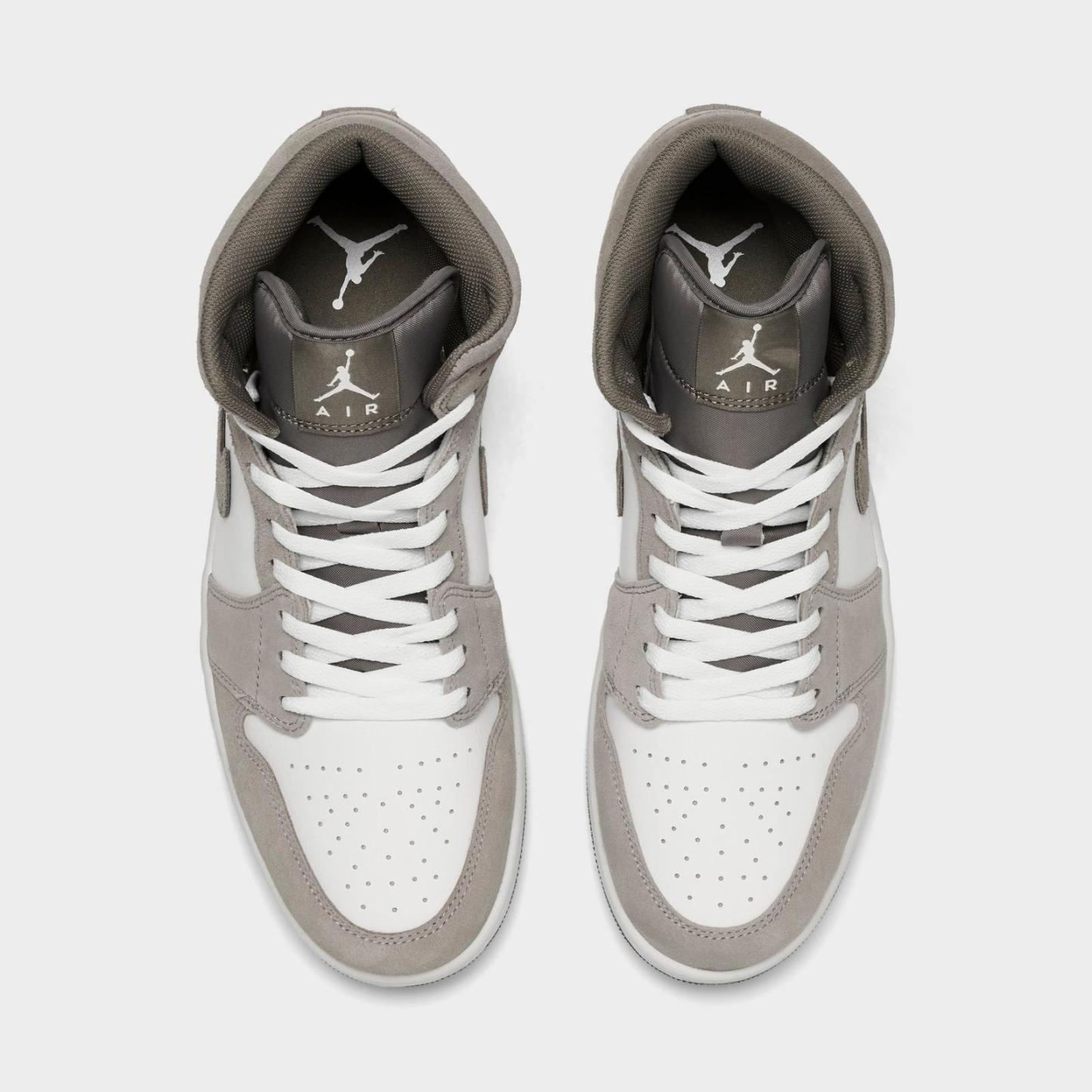 Men's Air Jordan Retro 1 Mid Casual Shoes - Enigma Stone/Summit White/Olive Grey - Left shoe facing left. Outside of the shoe. - view 5