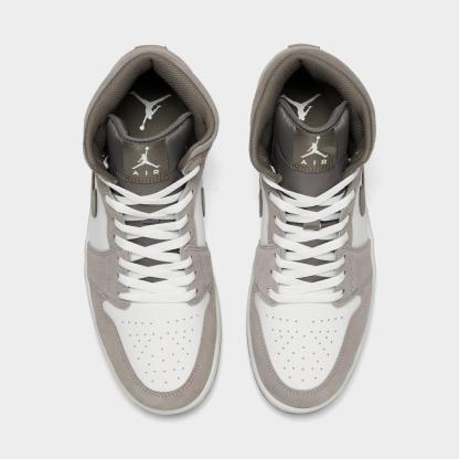 Men's Air Jordan Retro 1 Mid Casual Shoes - Enigma Stone/Summit White/Olive Grey - Left shoe facing left. Outside of the shoe. - view 5