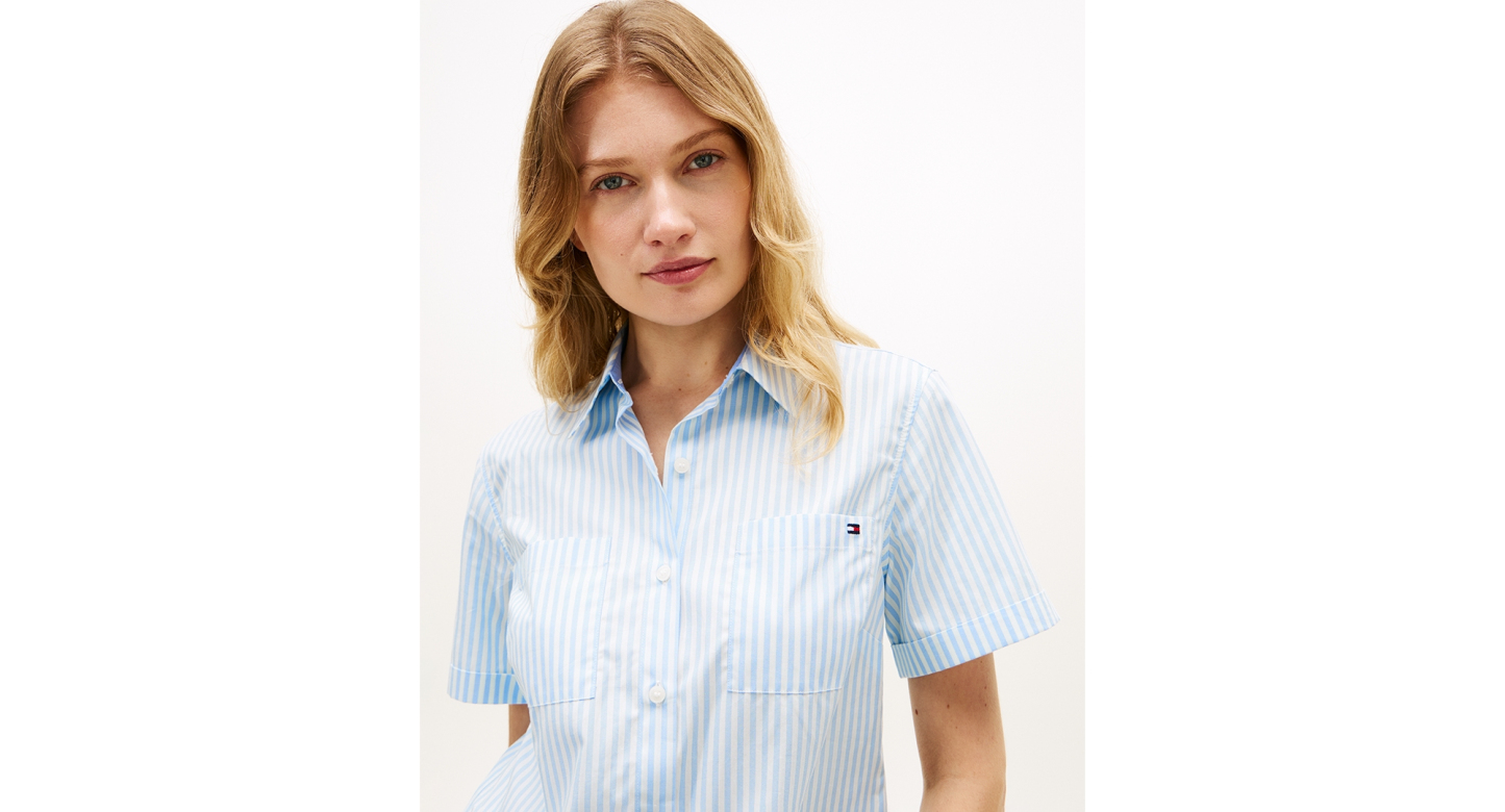 Tommy Hilfiger Women's Classic Poplin Short-Sleeve Shirt - Banker Stripe Vessel Blue / White