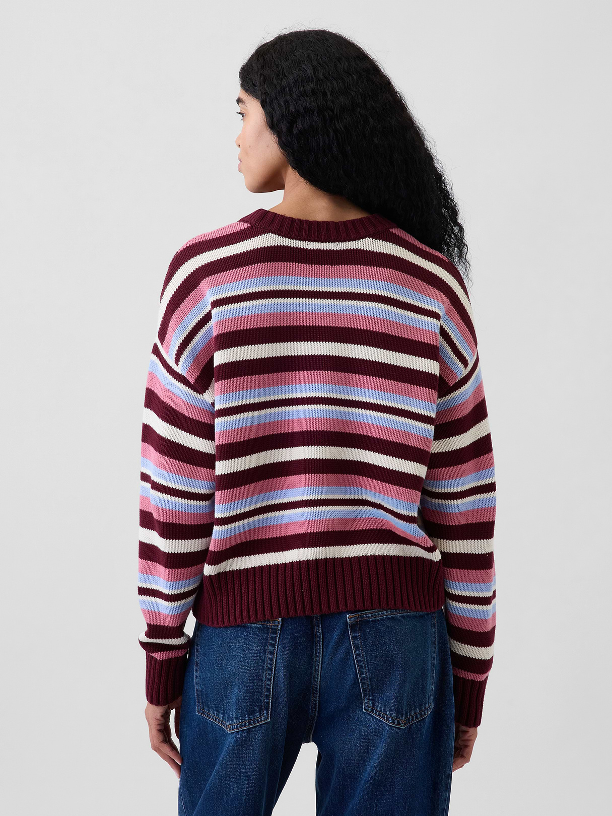 100% Cotton Oversized Crop Sweater - Purple burgundy & blue multi stripe
