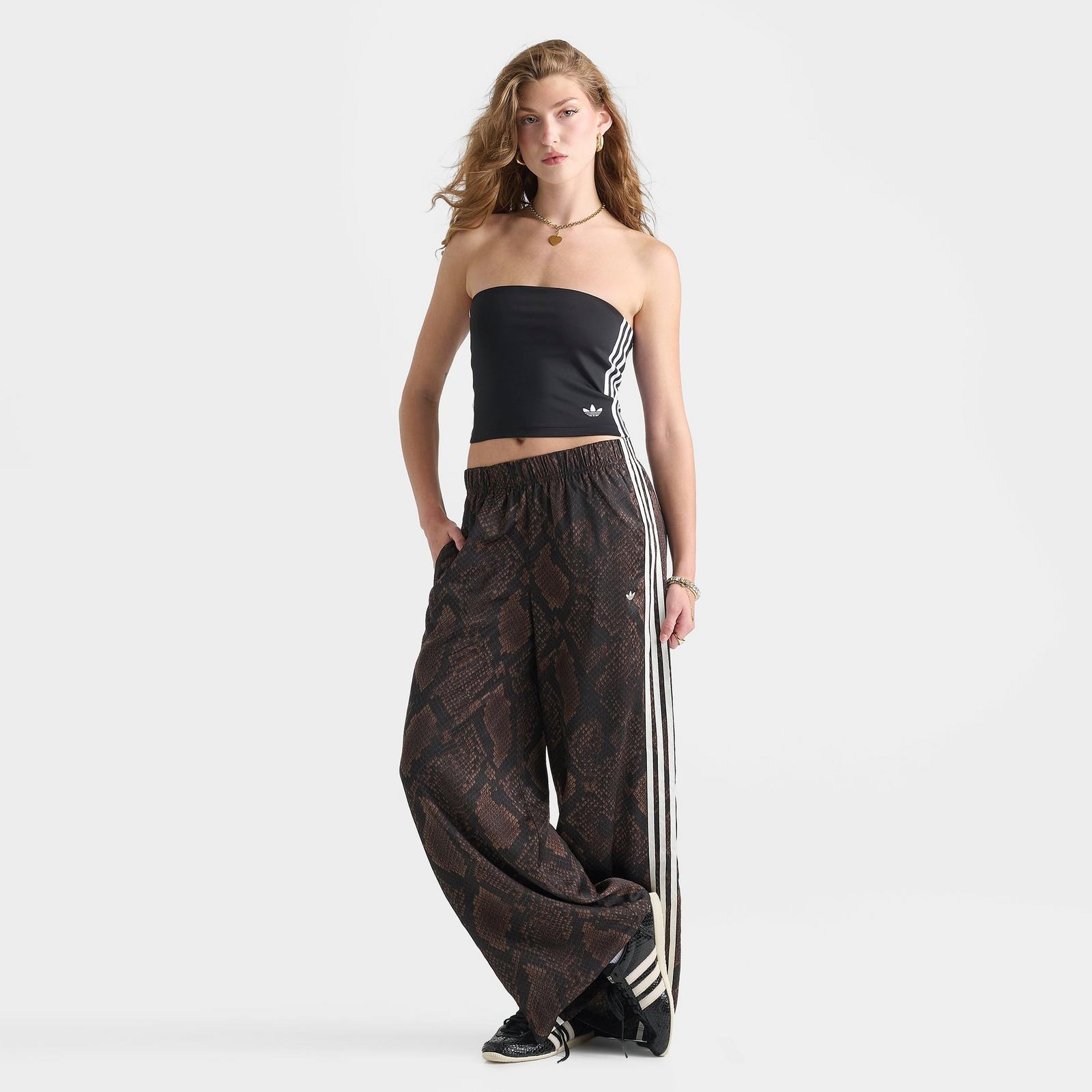 Women's adidas Originals Satin Snake Print Wide Leg Track Pants - Earth Strata/Aurora Coffee - view 2
