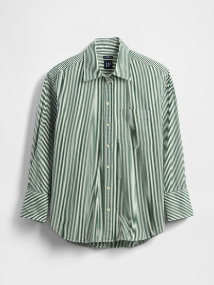 Organic Cotton Poplin Stripe Big Shirt - Green stripe