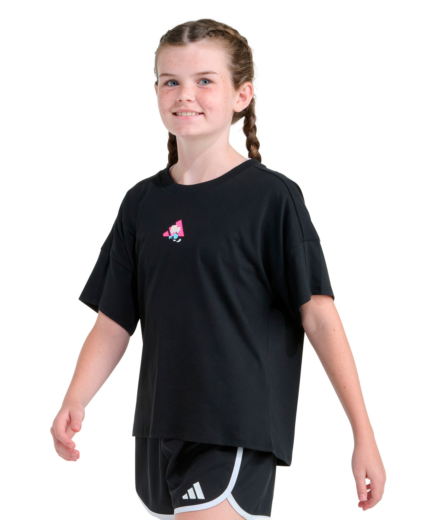 adidas Girls' 8-16 Short-Sleeve Drop Shoulder T-Shirt - Black