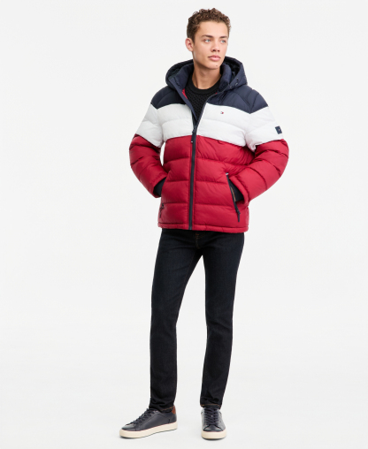 Tommy Hilfiger Men's Hooded Puffer Jacket - Red/White/Blue Colorblock