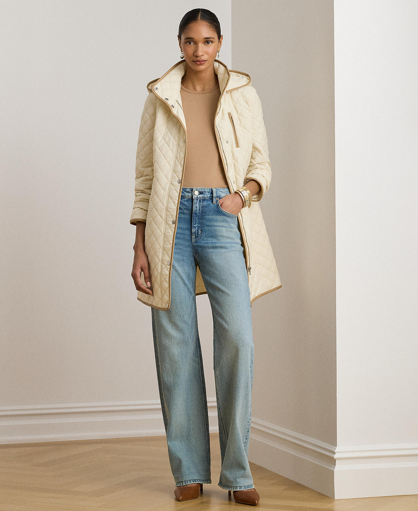 Lauren Ralph Lauren Womens Hooded Quilted Faux-Suede-Trim Coat - Moda cream