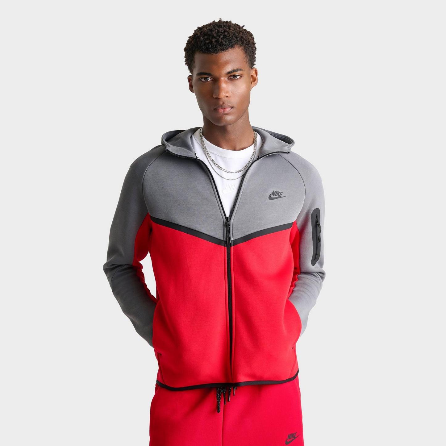Men's Nike Tech Fleece Windrunner Full-Zip Hoodie - Smoke Grey/Fire Red
