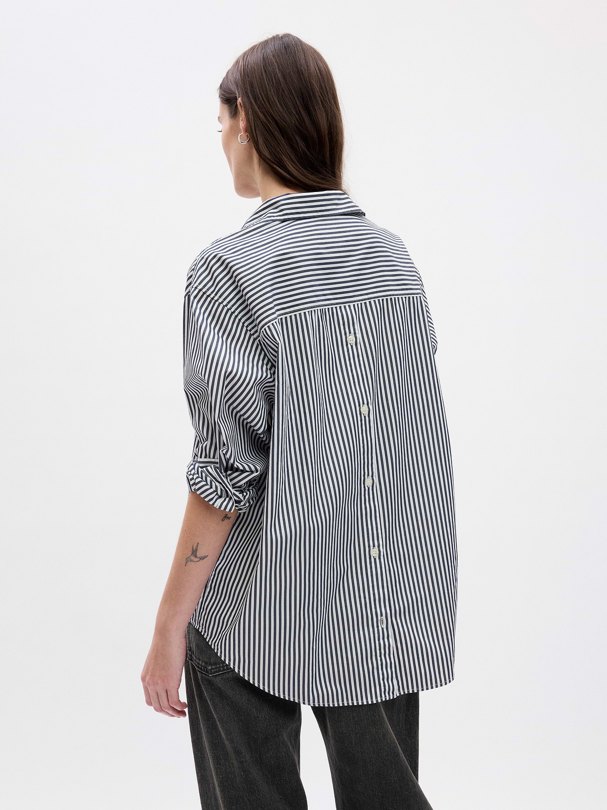 Organic Cotton Poplin Stripe Big Shirt - black stripe