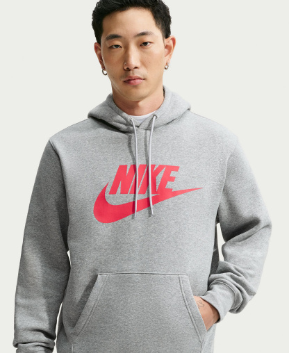 Nike Men's Club Fleece Standard-Fit Logo-Print Hoodie - Dark Grey Heather/University Red