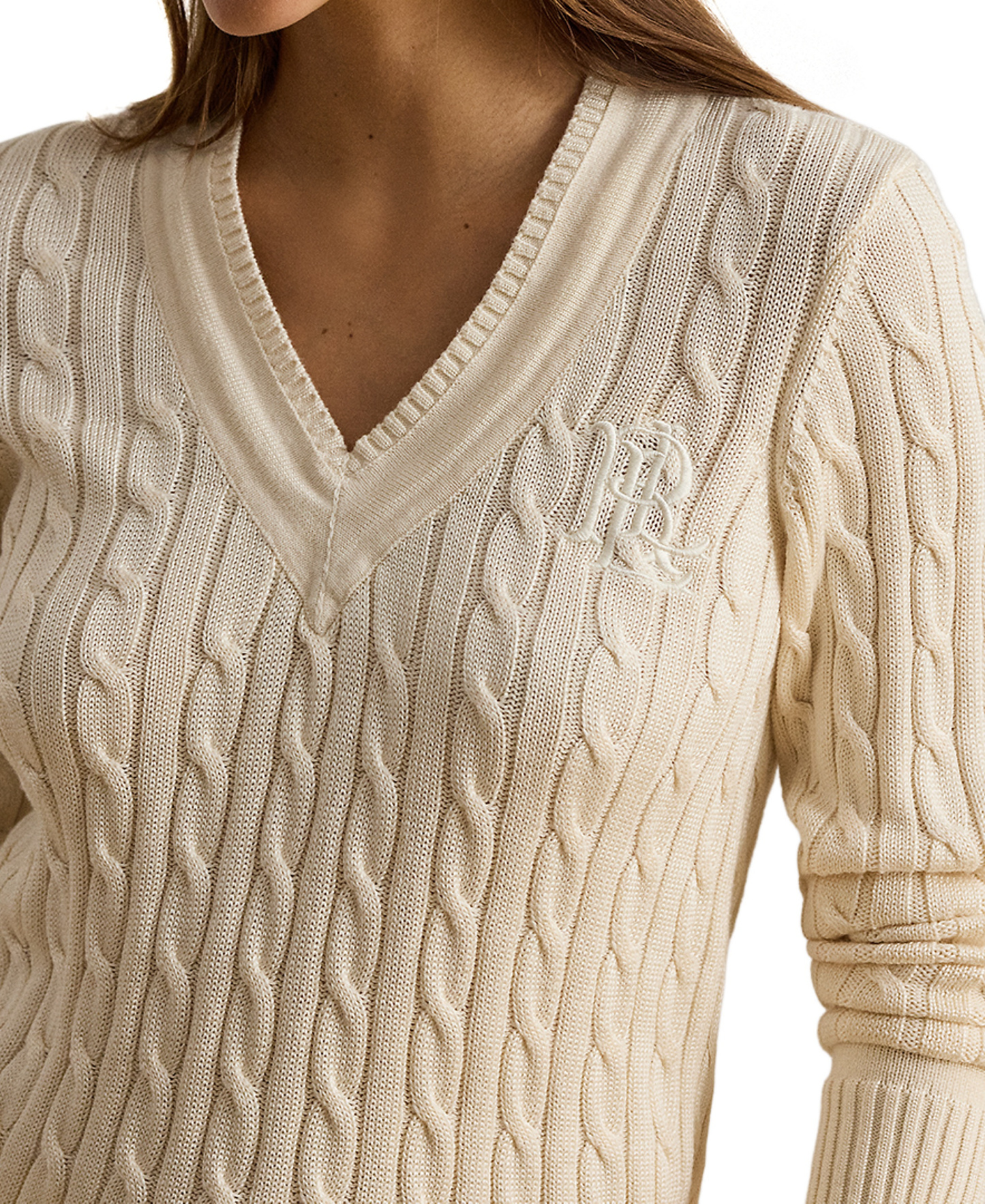 Lauren Ralph Lauren Women's Long-Sleeve V-Neck Cable Knit Sweater - Mascarpone Cream