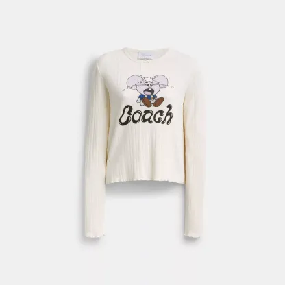 Coach | Brain Dead Kachi Mouse Graphic Long Sleeve Pointelle Top - Cream