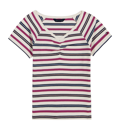 Tommy Hilfiger Girls' 7-16 Striped Ribbed V-Neck Short-Sleeve Top - Natural