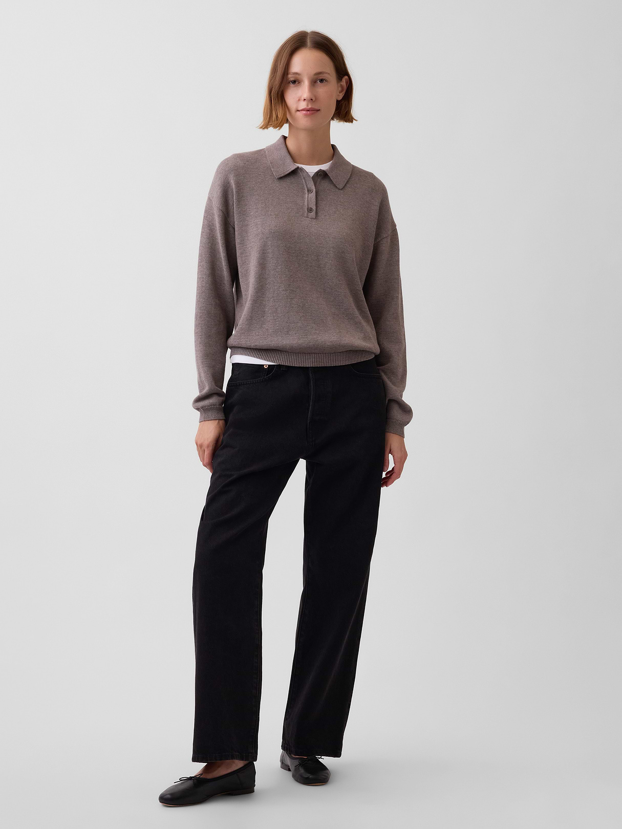 100% Cotton Relaxed Polo Sweater - Toasted almond brown