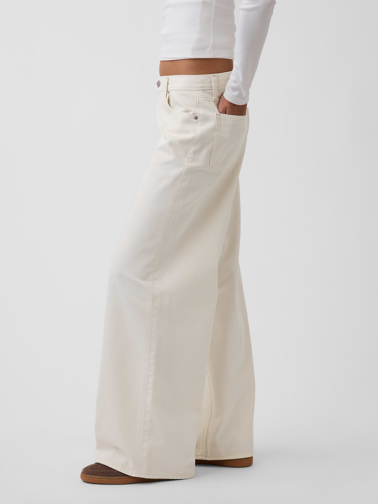 Mid Rise Denim Stripe Baggy Jeans - Ecru beige