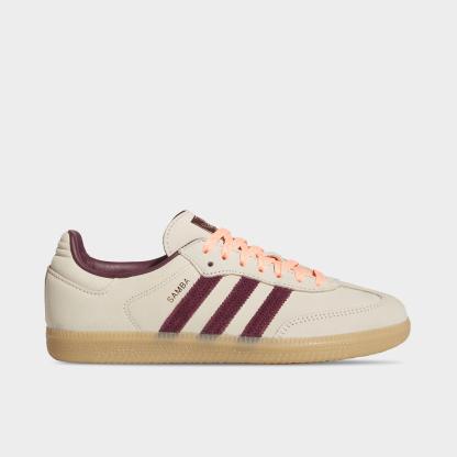 Women's adidas Originals Samba OG Casual Shoes - Part 3 - Wonder White/Maroon/Frozen Turbo - Left shoe facing left. Outside of the shoe.