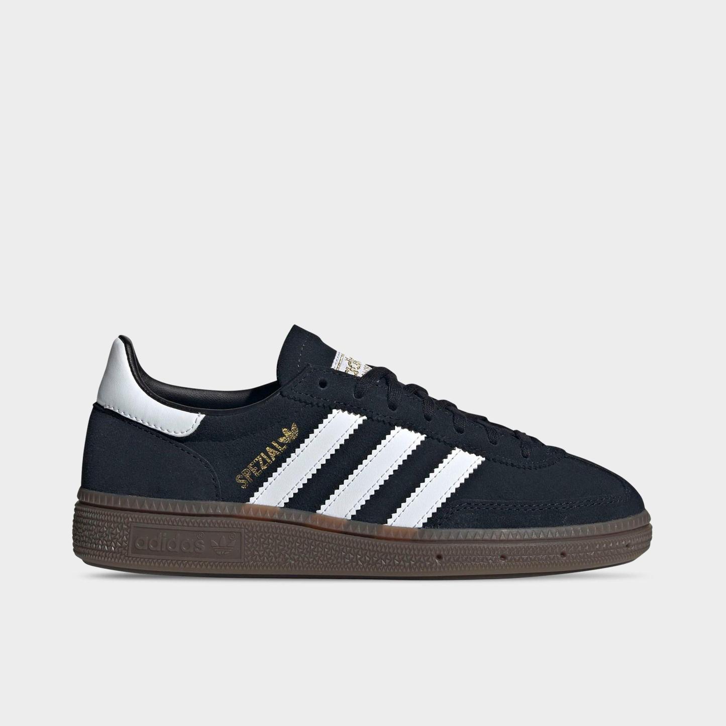Big Kids' adidas Originals Handball Spezial Casual Shoes - Part 1 - Black/White/Gum - Left shoe facing left. Outside of the shoe.