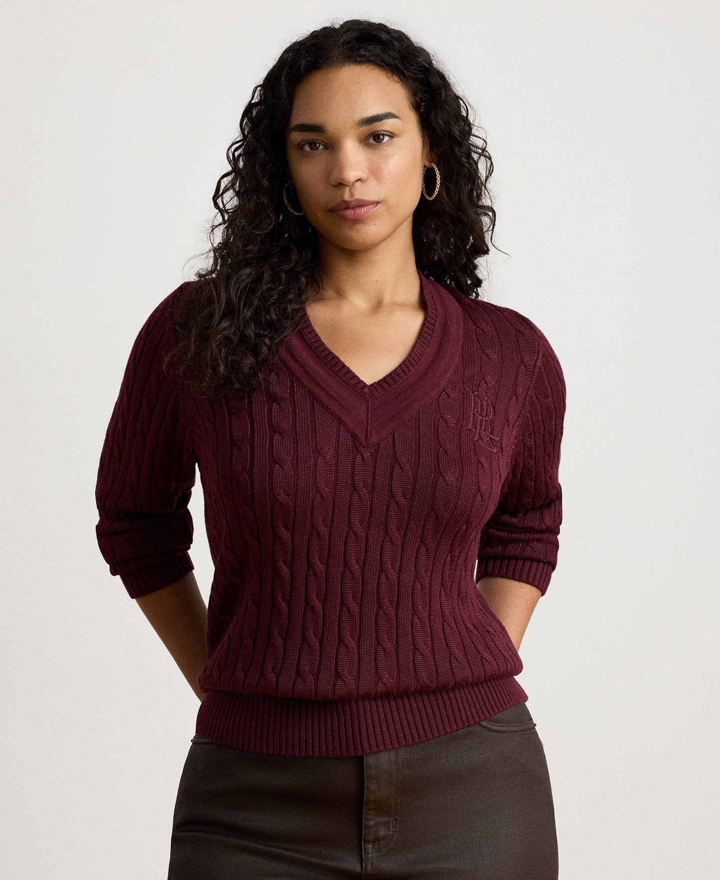 Lauren Ralph Lauren Women's Long-Sleeve V-Neck Cable Knit Sweater - Dark Garnet