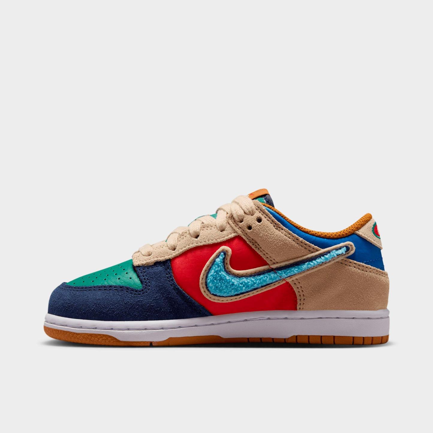 Little Kids' Nithtke Dunk Low Casual Shoes - Part 1 - Midnight Navy/Speed Red/Green Noise - Left shoe facing left. Outside of the shoe.