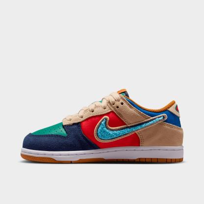 Little Kids' Nithtke Dunk Low Casual Shoes - Part 1 - Midnight Navy/Speed Red/Green Noise - Left shoe facing left. Outside of the shoe.