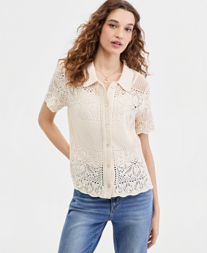 Levi's Premium Women's Susanna Floral Crochet Collared Cotton Shirt - Egret