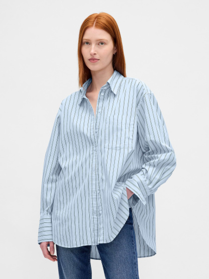 Organic Cotton Poplin Stripe Big Shirt - Light blue stripe