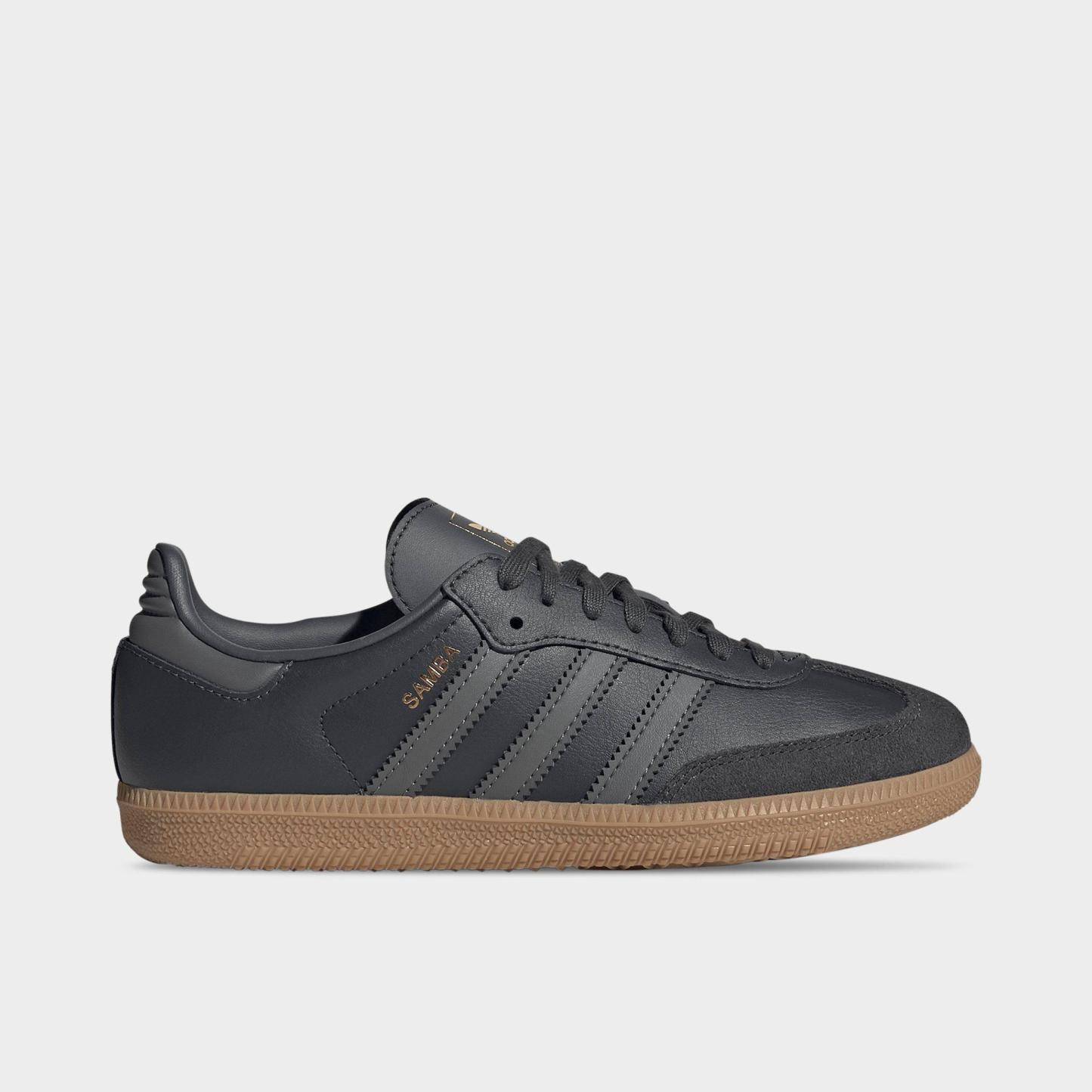 Big Kids' adidas Originals Samba OG Casual Shoes - Part 1 - Grey Six/Grey Four/Gum - Left shoe facing left. Outside of the shoe.