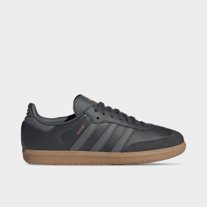 Big Kids' adidas Originals Samba OG Casual Shoes - Part 1 - Grey Six/Grey Four/Gum - Left shoe facing left. Outside of the shoe.