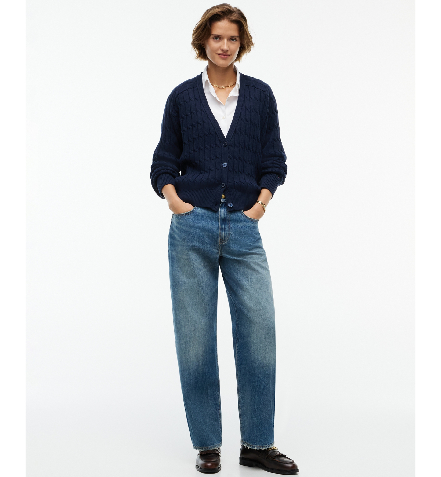 Tommy Hilfiger Women's Oversized Cable-Knit V-Neck Cardigan - Dark Blue