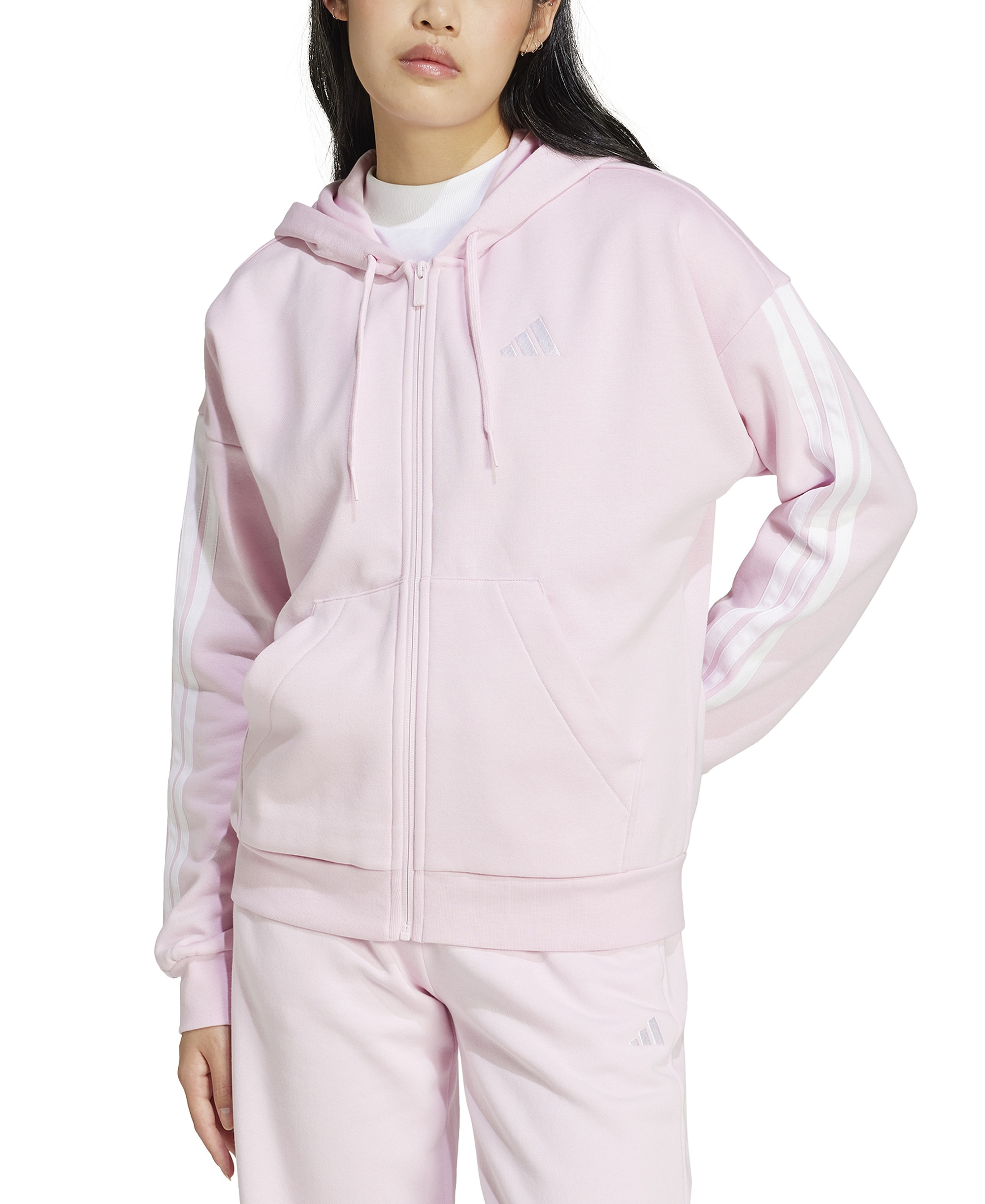 adidas Women's 3-Stripe Fleece Full-Zip Hoodie - Clear Pink/White