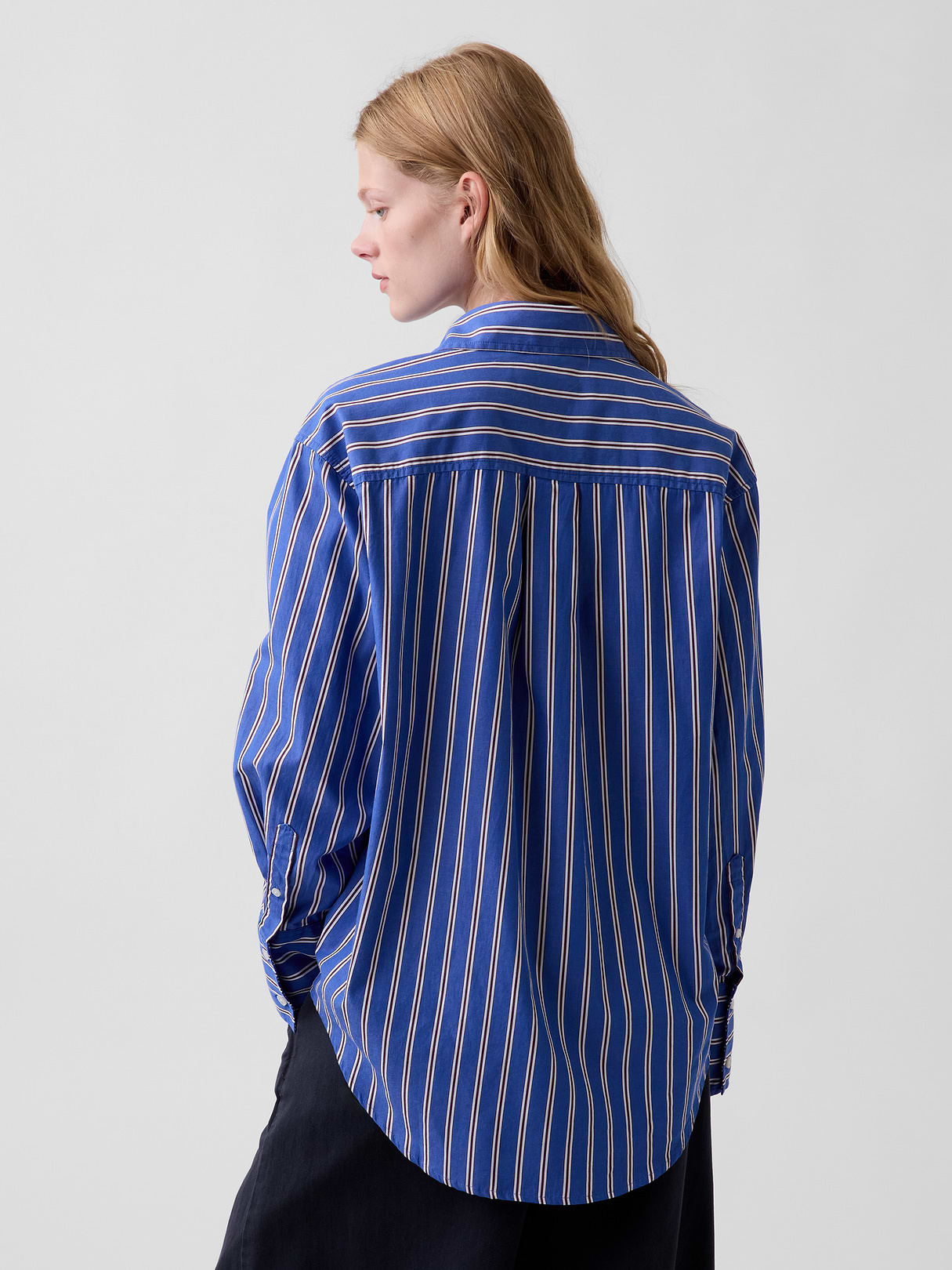 Organic Cotton Poplin Stripe Big Shirt - Blue & red stripe