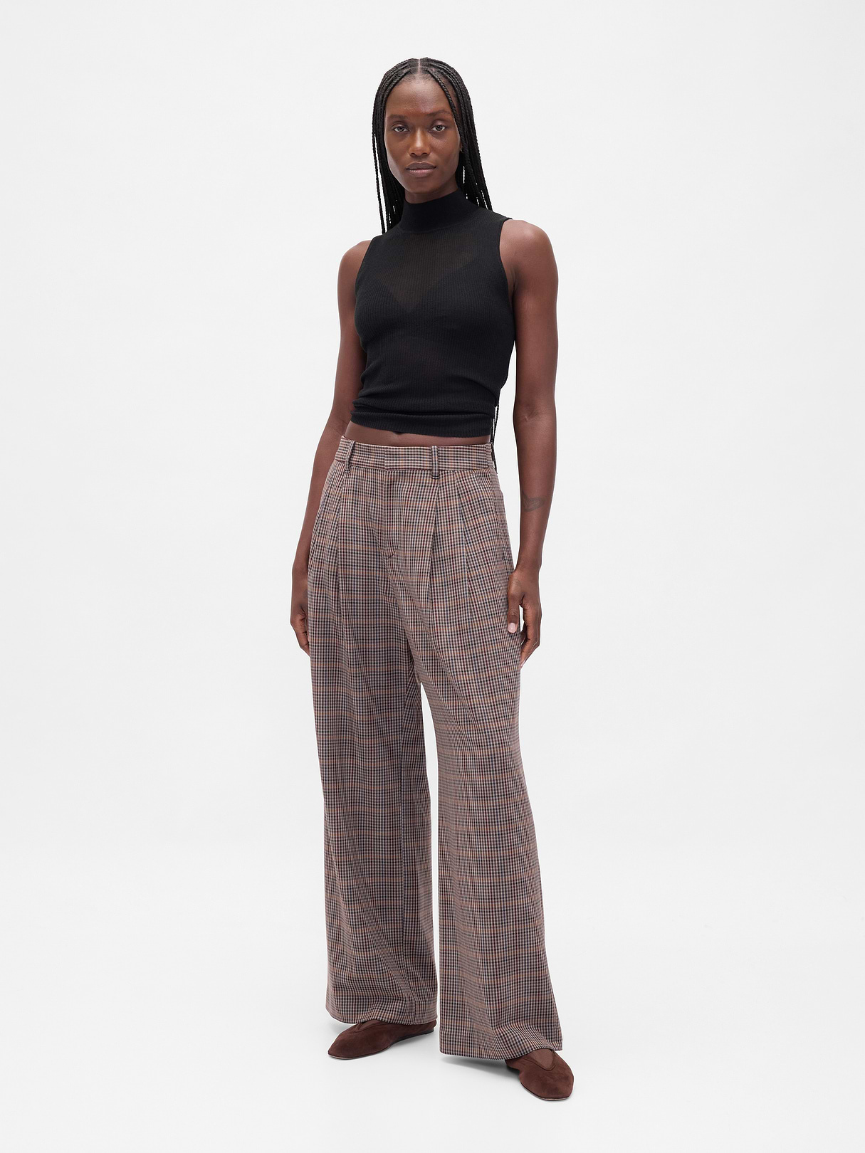 365 High Rise Pleated Trousers - Tonal brown plaid
