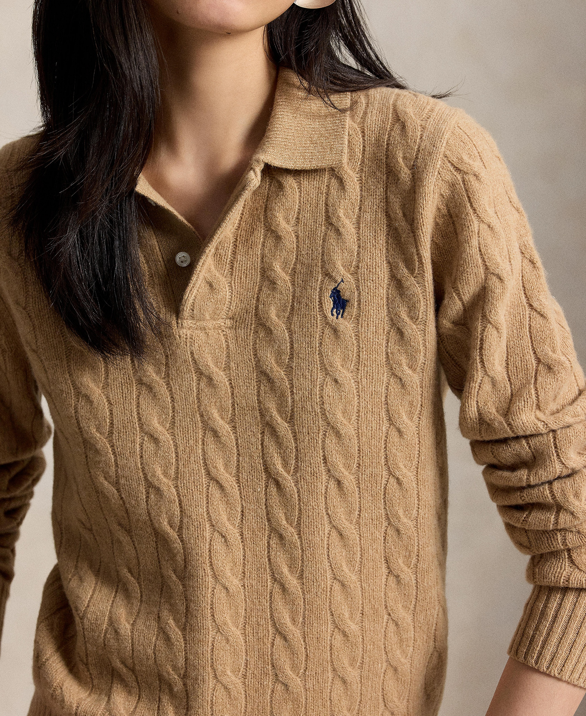 Polo Ralph Lauren Women's Cable-Knit Long-Sleeve Wool-Cashmere Sweater - Collection Camel Melange